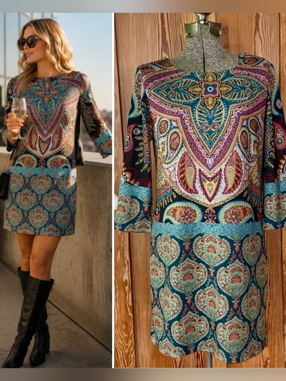 ISLE by Melin Kogan Mosaic Paisley Stretch Shift Dress Mod Print Size S